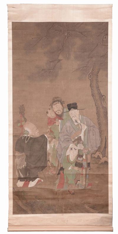 Scroll in Seta Raffigurante Saggi del Taji, Cina, XIX Secolo