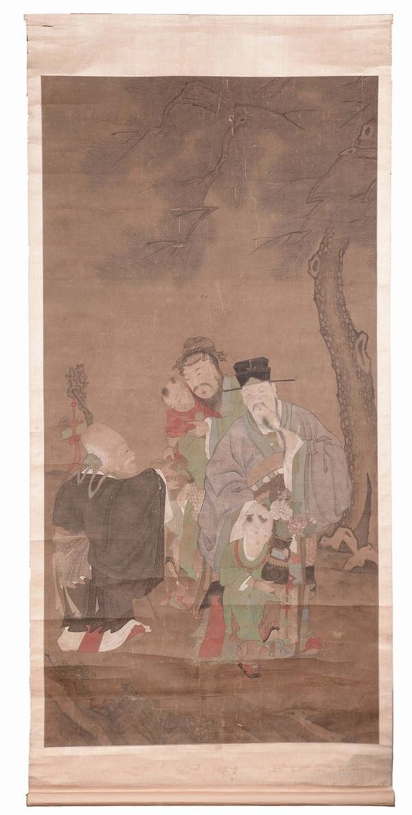 Scroll in seta raffigurante saggi del Taji, Cina, XIX secolo