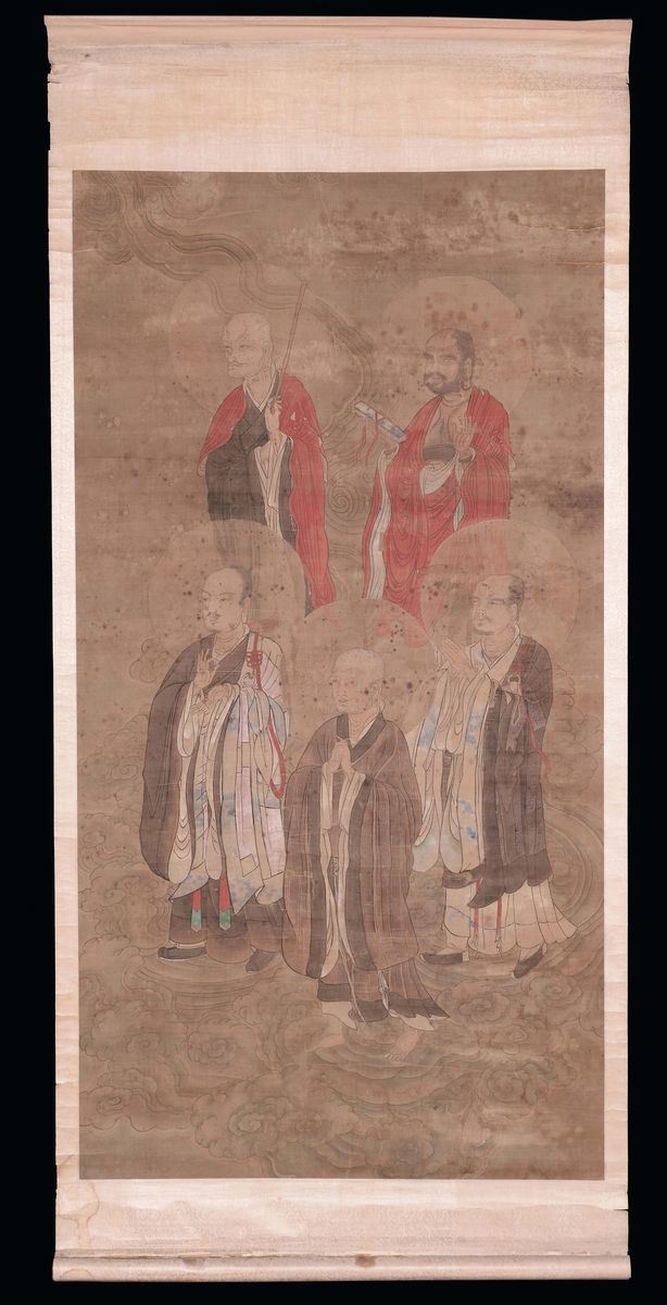 Scroll raffigurante i cinque celesti del Taoismo, Cina, Dinastia Qing, XVIII secolo  - Asta Fine Chinese Works of Art - II - Cambi Casa d'Aste