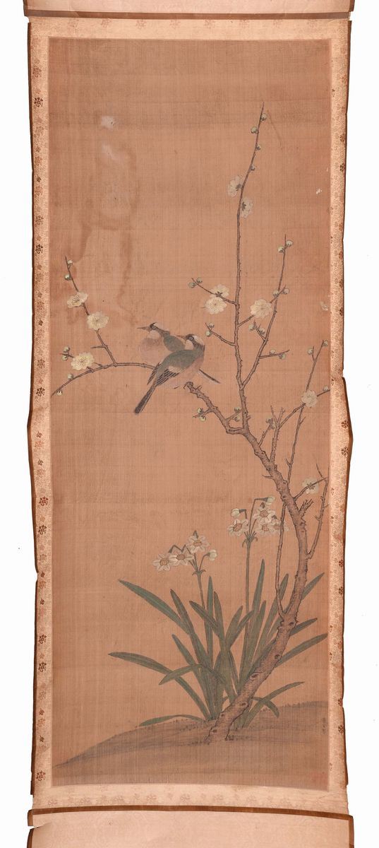 A Scroll representing naturalistic scenes, China, Qing Dynasty, 19th century. Signed on the bottom right Lai Kuan