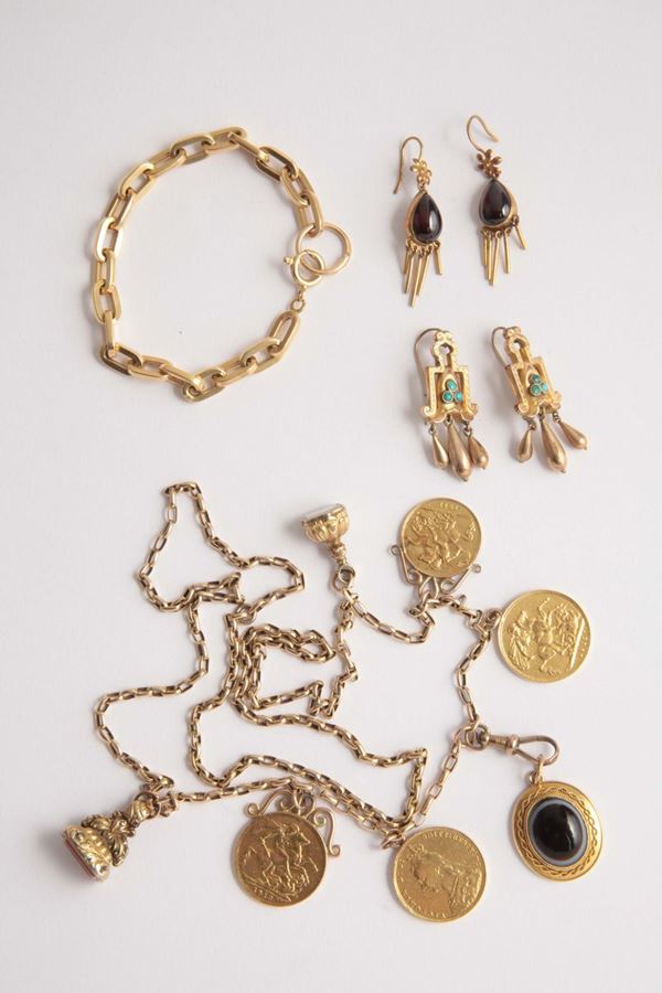 A gem-stones and gold necklace, bracialet and two pair of earrings