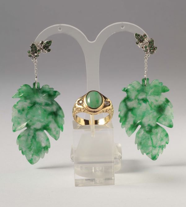A pair of jade, diamond and tsavorite erapendants and jade ring
