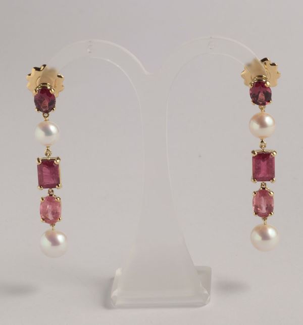 A pair of tourmaline and cultured pearl earpendants