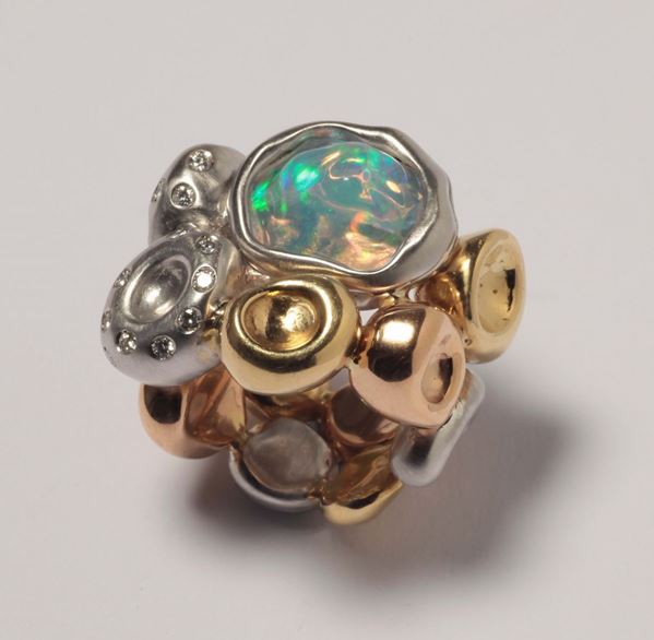 Enrico Cirio, Torino. Bolle di sapone anello con opale nobile e diamanti taglio brillante