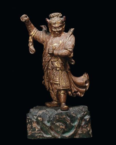 Scultura in Legno Policroma Raffigurante Divinità, Cina, Dinastia Ming, XVII Secolo