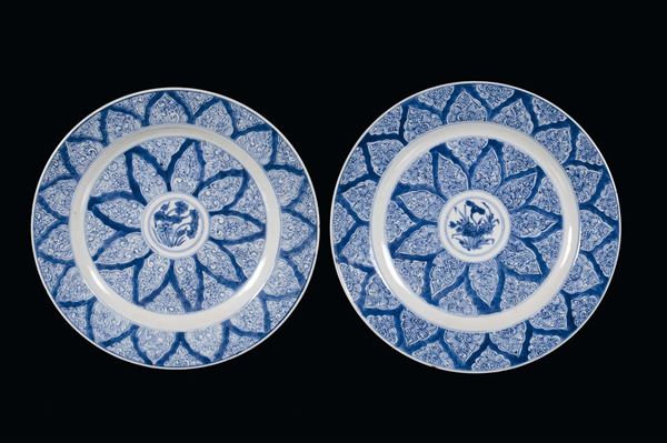 Coppia di piatti in porcellana  bianchi e blu, Cina, Dinastia Qing, XIX secolo