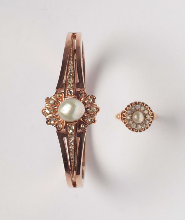 A 19th century rose-cut diamond and natural pearl bangle and ring