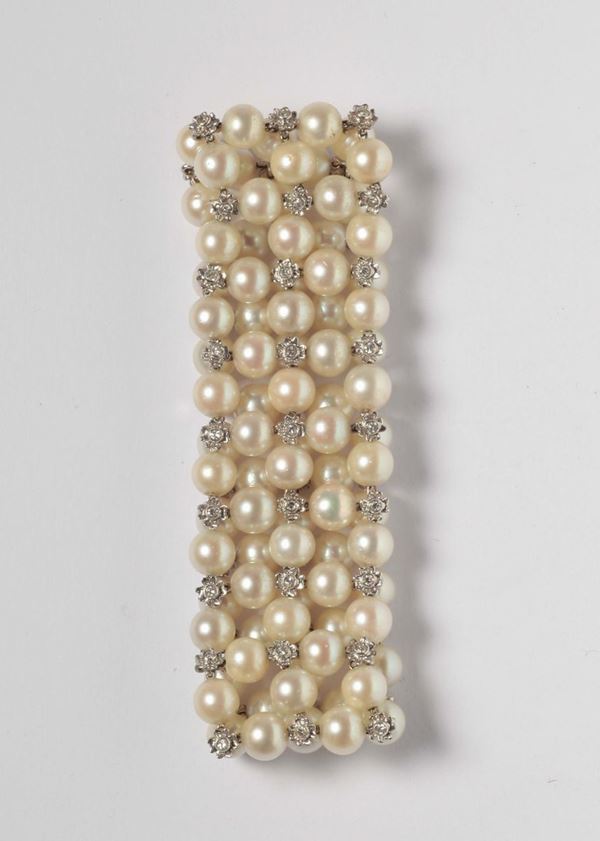 A platinum, cultured pearl and rose-cut diamond bracelet