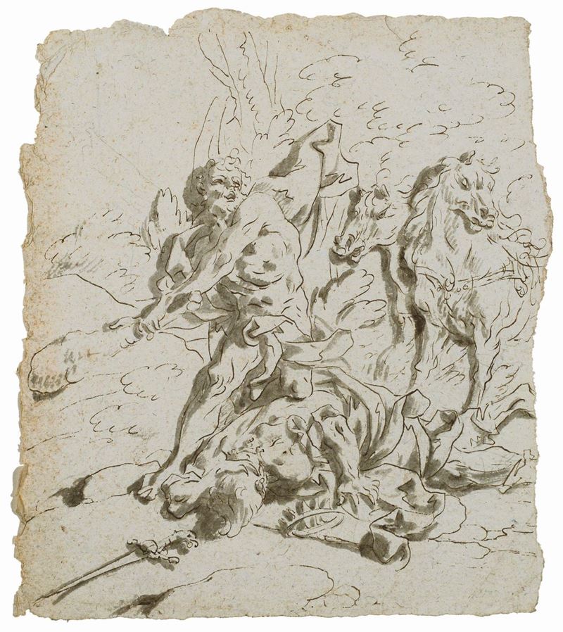 Sebastiano Galeotti (Firenze 1676 - Mondovì 1746) Ercole uccide Diomede  - Asta Disegni Antichi - I - Cambi Casa d'Aste