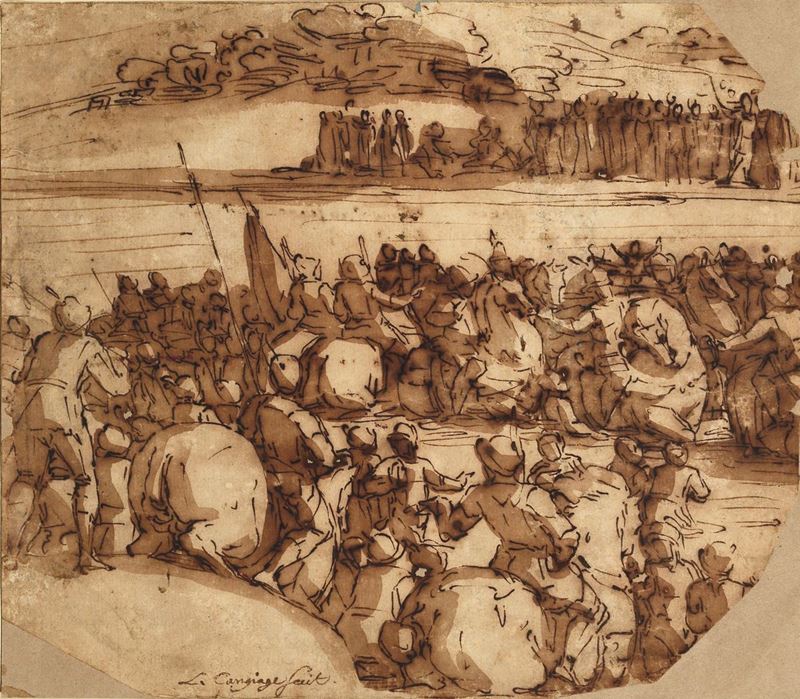 Luca Cambiaso (Moneglia 1527 - San Lorenzo de El Escorial 1585) Battaglia con cavalieri  - Asta Disegni Antichi - I - Cambi Casa d'Aste