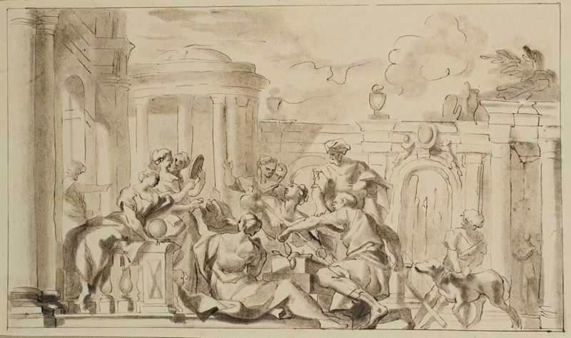 Domenico Piola (Genova 1627-1703) Gruppo di personaggi e architetture  - Asta Disegni Antichi - I - Cambi Casa d'Aste