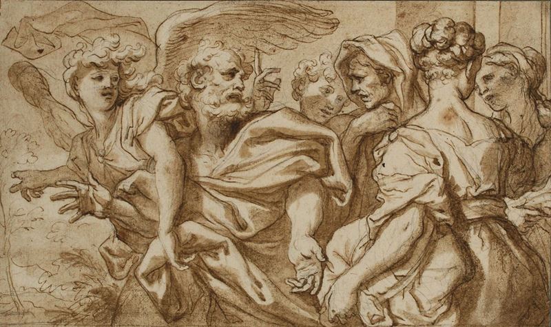 Domenico Piola (Genova 1627 - 1703) Gruppo di figure con angelo  - Asta Disegni Antichi - I - Cambi Casa d'Aste