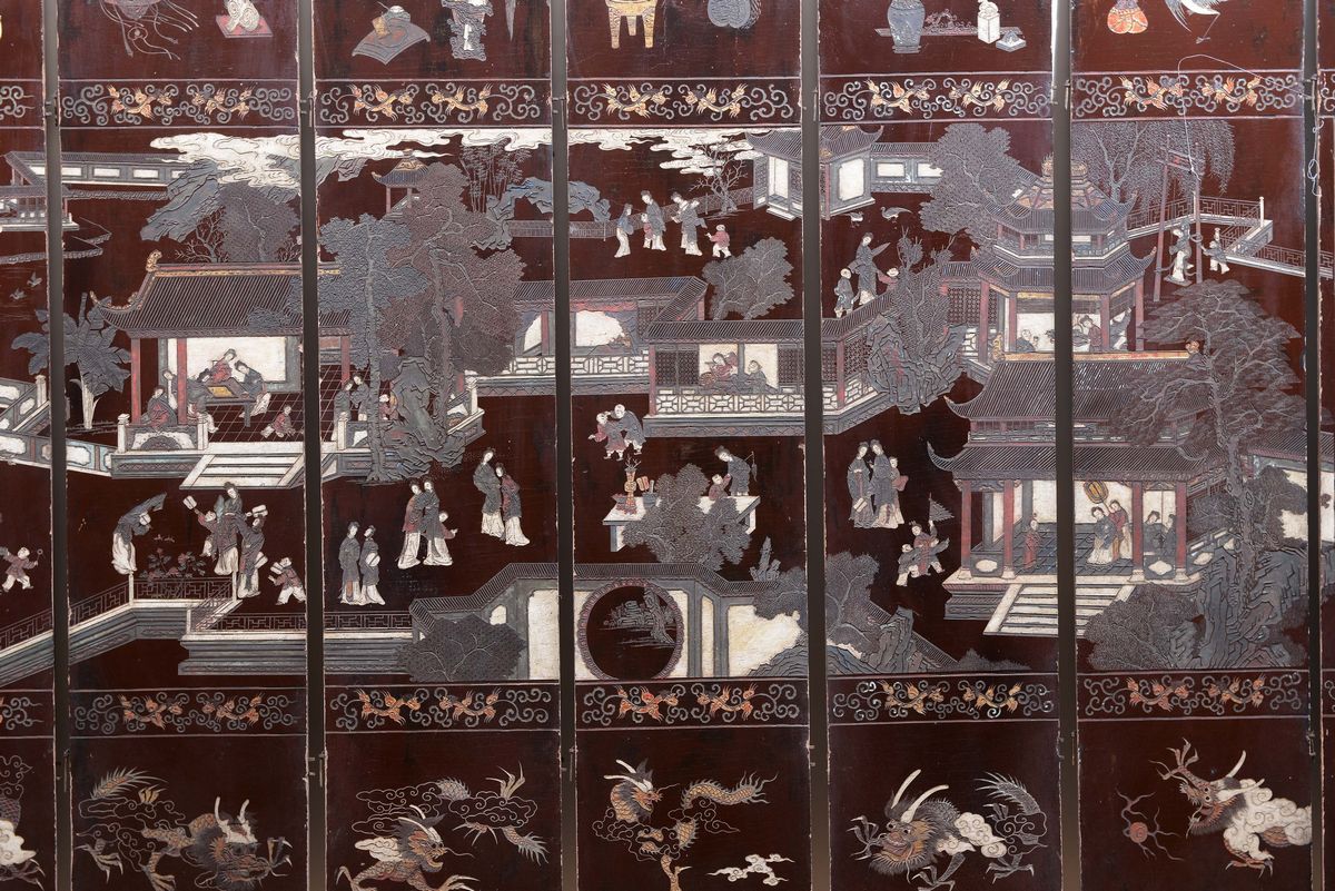 Paravento in Coromandel con Figure e Paesaggi, Cina, Dinastia Qing, XVIII Secolo