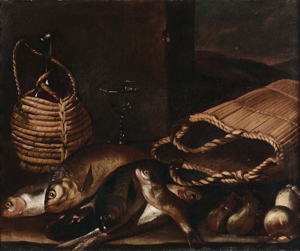 Scuola Lombarda del XVIII secolo Natura morta con pesci e fiasco