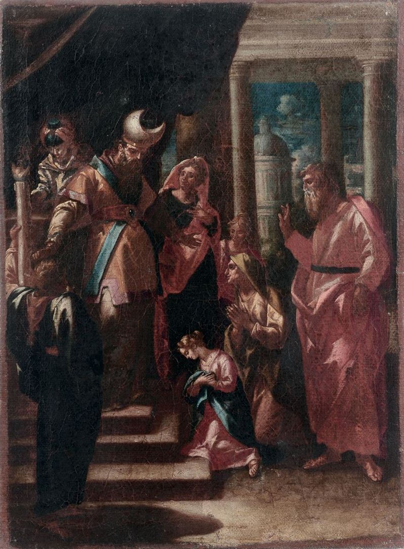 Scuola Italiana degli inizi del  XVIII secolo Presentazione della Vergine al tempio  - Auction Antique and Old Masters - I - Cambi Casa d'Aste