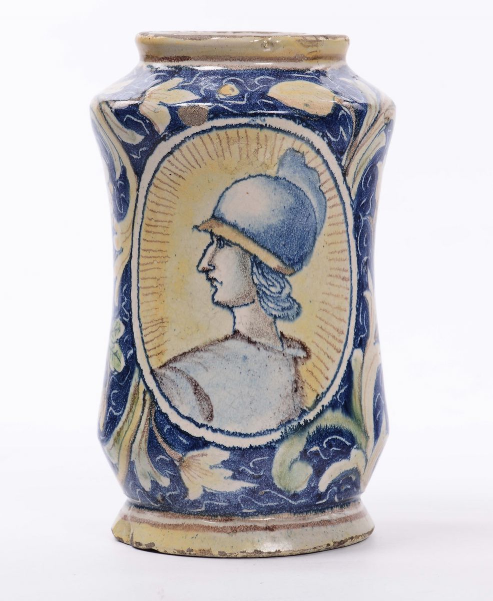 Albarello in Maiolica con Doppio Profilo di Guerriero, Caltagirone XVIII Secolo