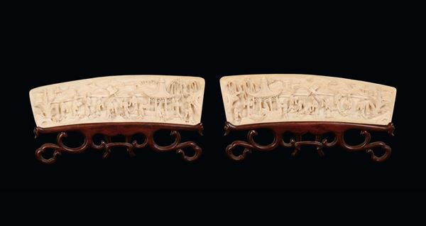 A pair of ivory plaques finely carved with figures, China, Qing Dynasty, 19th century
