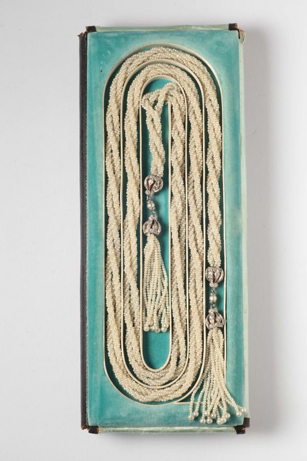 Seed pearl and diamond sautoir. 1910 circa. By E.F. Eble, New York