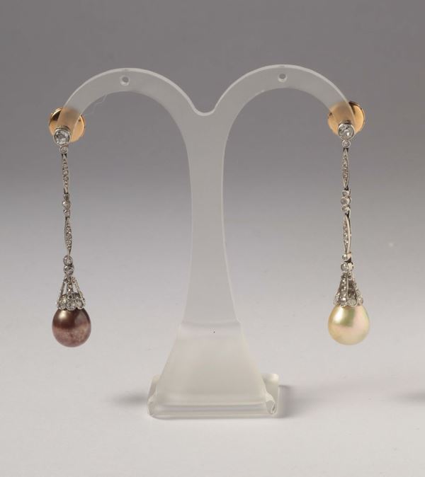 A pair of natural pearl and diamond pendant earrings