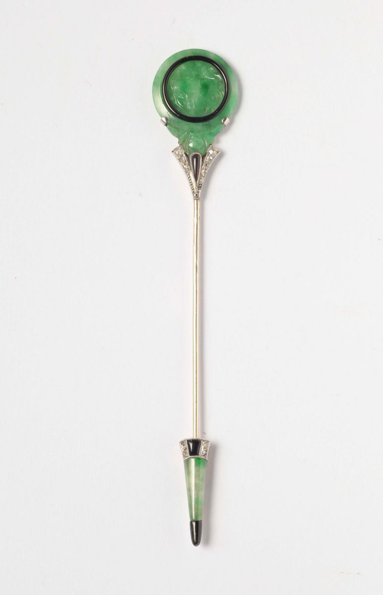 A jade, onix, diamond sureté pin  - Auction Silver, Ancient and Contemporary Jewels - Cambi Casa d'Aste