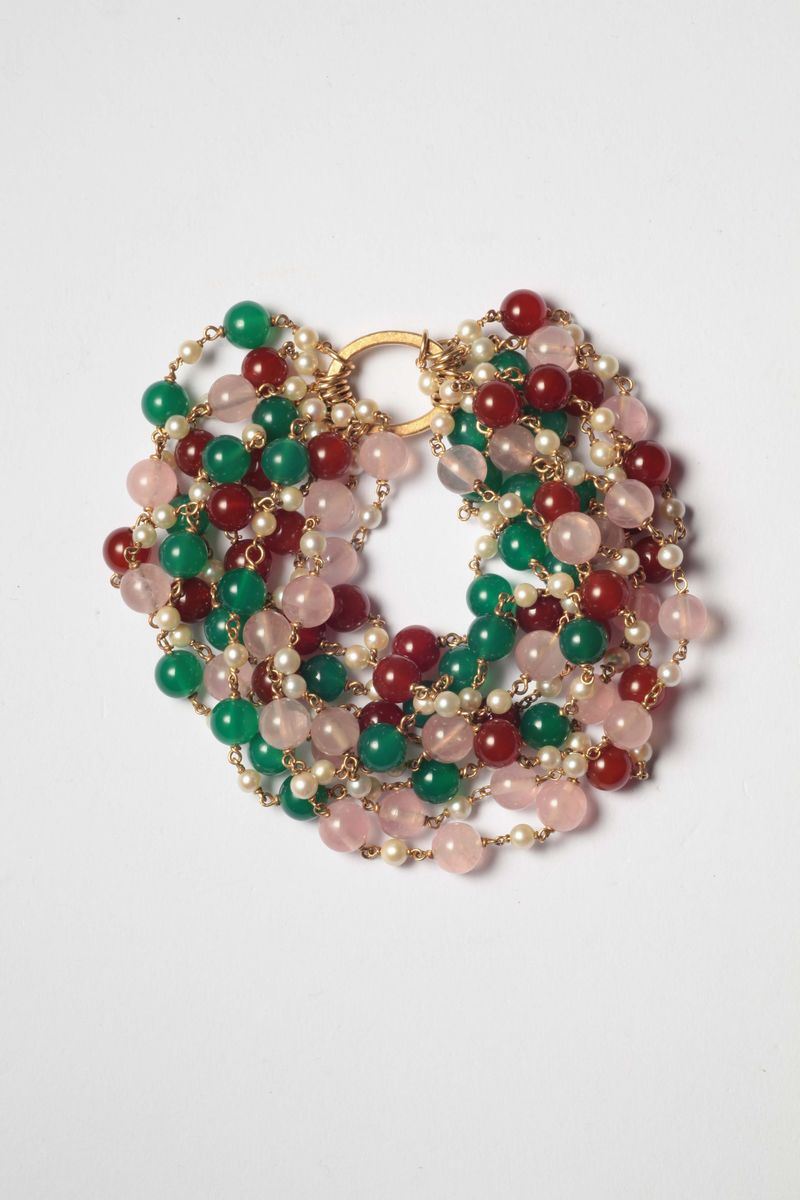 A coloured chalcedony, seed pearl and gold bracelet  - Auction Silver, Ancient and Contemporary Jewels - Cambi Casa d'Aste