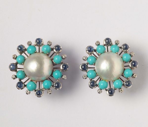 A pair of mabé pearl, turquoise, diamond and shappire earrings