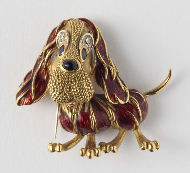 Spilla raffigurante un cane con smalti policromi  - Asta Gioielli e Orologi Antichi e Conemporanei - Cambi Casa d'Aste