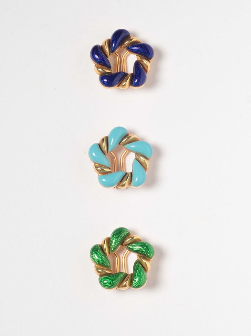 A three enamel and gold earrings  - Auction Ancient and Contemporary Jewelry and Watches - Cambi Casa d'Aste