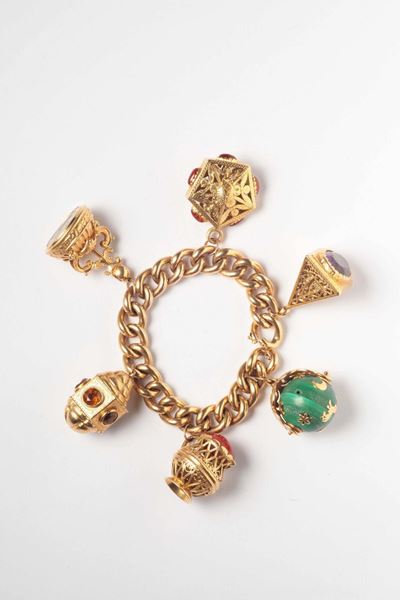 Bracciale con Charms Calcedonio, Ametista, Corallo e Malachite