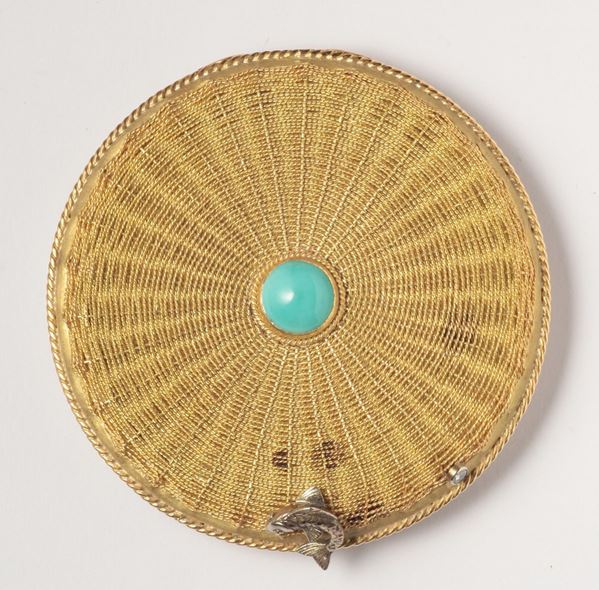 A gold, turquoise and diamond vanity case
