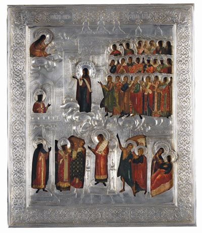 Icona con Riza in Argento Raffigurante Santi e la Madonna di Pokrov, Russia