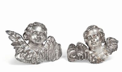 Coppia di Teste di Cherubini in Argento Sbalzato e Cesellato, Genova XVII/XVIII Secolo
