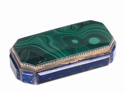 Tabacchiera in Metallo Dorato e Malachite e Lapislazzulo e Porfido, Russia XIX Secolo