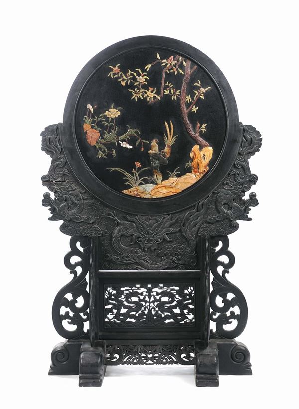 A carved wood plaque with gems insertions representing a naturalistic scene  , China, Qing Dynasty, 19th century. Carved wooden base