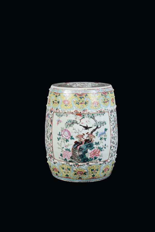 A porcelain seat with polychrome decoration, China, Qing Dynasty, 19th century