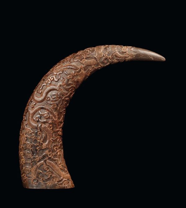 A buffalo horn carved with dragon motives, China, Qing Dynasty, 19th century