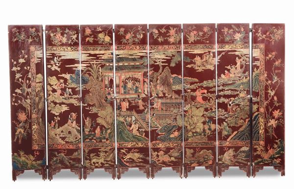 Paravento in Coromandel con figure e paesaggi, Cina, Dinastia Qing, XIX secolo