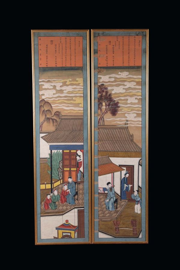 Coppia di pannelli dipinti con personaggi con iscrizioni Tongxi, Cina XIX secolo