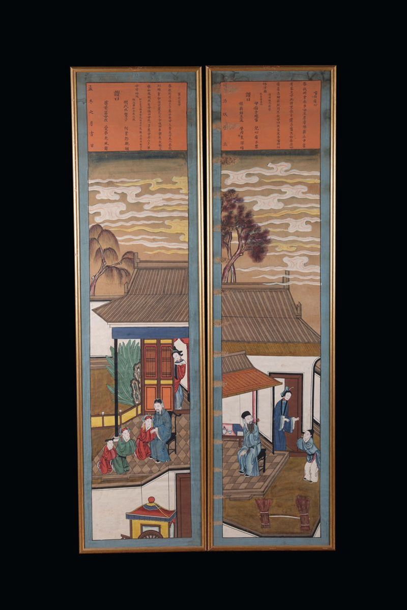Coppia di pannelli dipinti con personaggi con iscrizioni Tongxi, Cina XIX secolo  - Asta Fine Chinese Works of Art - Cambi Casa d'Aste
