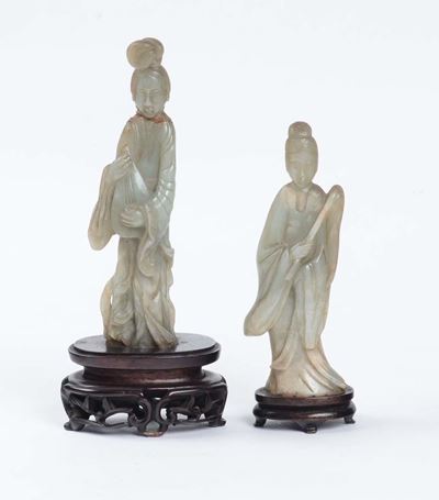 Coppia di Figure Femminili in Giadeite , Cina Inizio XX Secolo