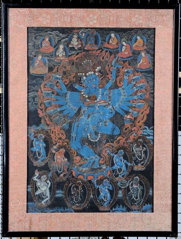 Thangka on black background representing Yi-Dam Hevajra in Yab Yum with his Sakti, Tibet, 19th  centurycm 74,5x51Provenance: Sotheby’s  Auction, April 20th, 1990 Lot 33