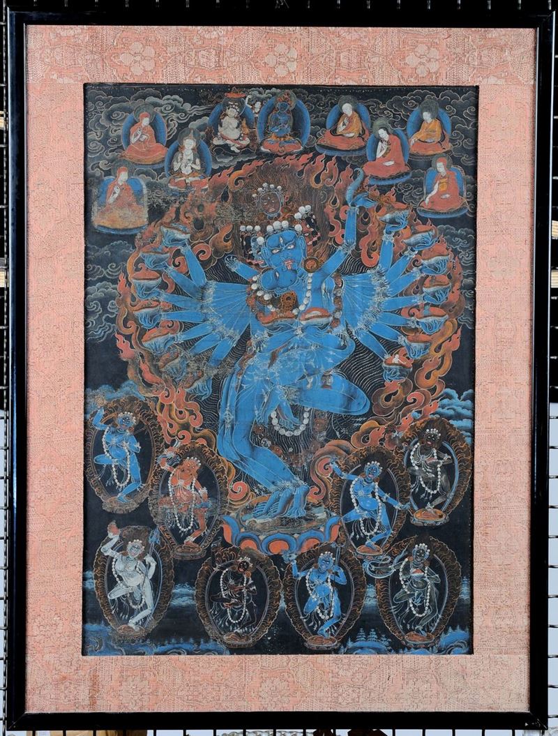 Thangka on black background representing Yi-Dam Hevajra in Yab Yum with his Sakti, Tibet, 19th  centurycm 74,5x51Provenance: Sotheby’s  Auction, April 20th, 1990 Lot 33  - Auction Fine Chinese Works of Art - Cambi Casa d'Aste