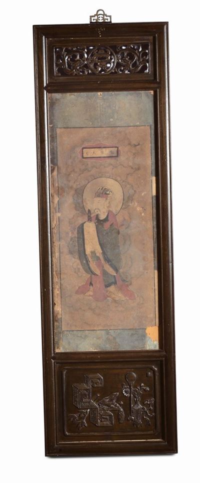 Sei Dipinti con Cornice Intagliata in Legno di Homu, Cina Dinastia Qing, XIX Secolo, CM 32x102