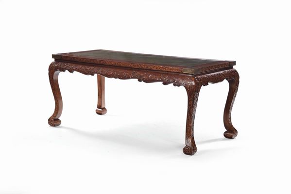 Large carved Huanguani wood table with green stonetop, 20th century