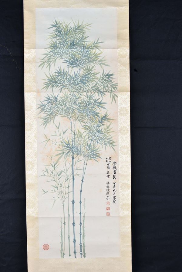 Ink and color painting on rice paper representing Bamboo, China, 20th centurycm 33x102, inscriptions and seals