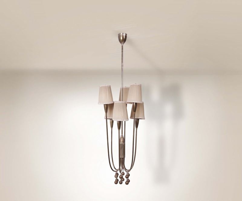 Lampadario in metallo nichelato e ottone  - Asta Design - Cambi Casa d'Aste