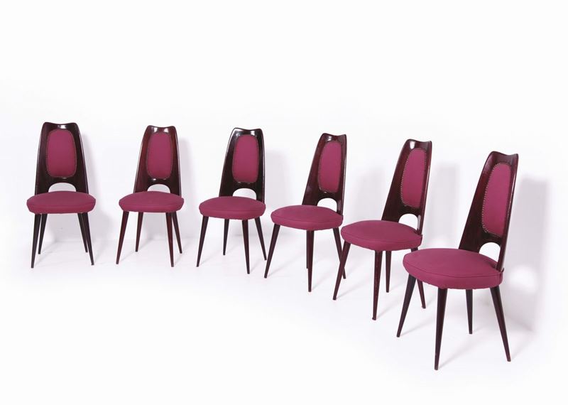 Dassi. Sei sedie in palissandro rivestite in tessuto. Prod. Dassi, Italia, 1960 ca.  - Asta Design - Cambi Casa d'Aste