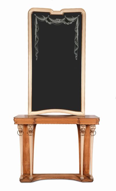 Consolle con Specchiera in Legno di Acero e Decori Laccati. Prod. Italia, 1940 Ca. CM 93x120x34