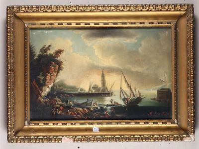 Dipinto Raffigurante Scena di Porto, Olio su Tela in Cornice