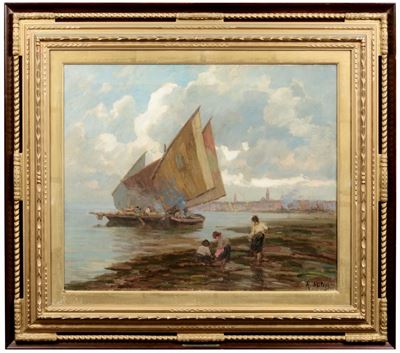 Alessandro Milesi (venezia 1856-1945)barche a Venezia